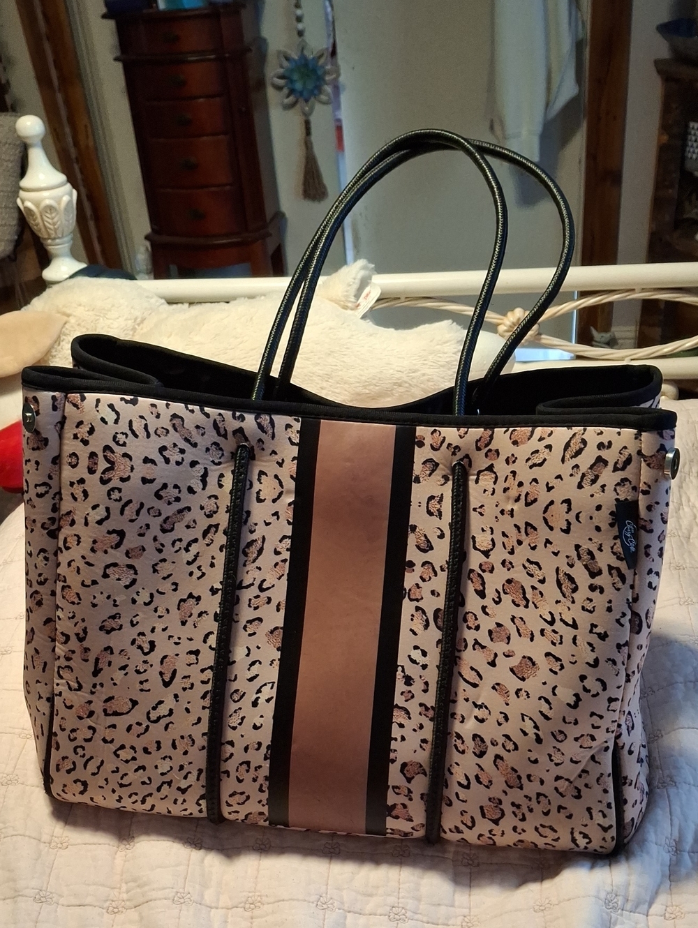 Leopard Print Tote Bag with Center Stripe - Pink